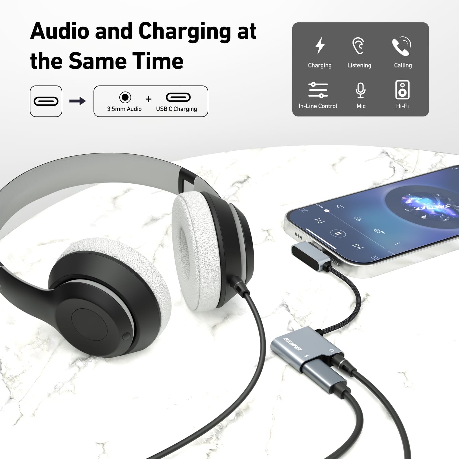 وصلة بنفي تايب سي للشحن والسماعة 60 واط | BENFEI USB-C to 3.5mm Audio & 60W Charging Adapter - الصورة 2