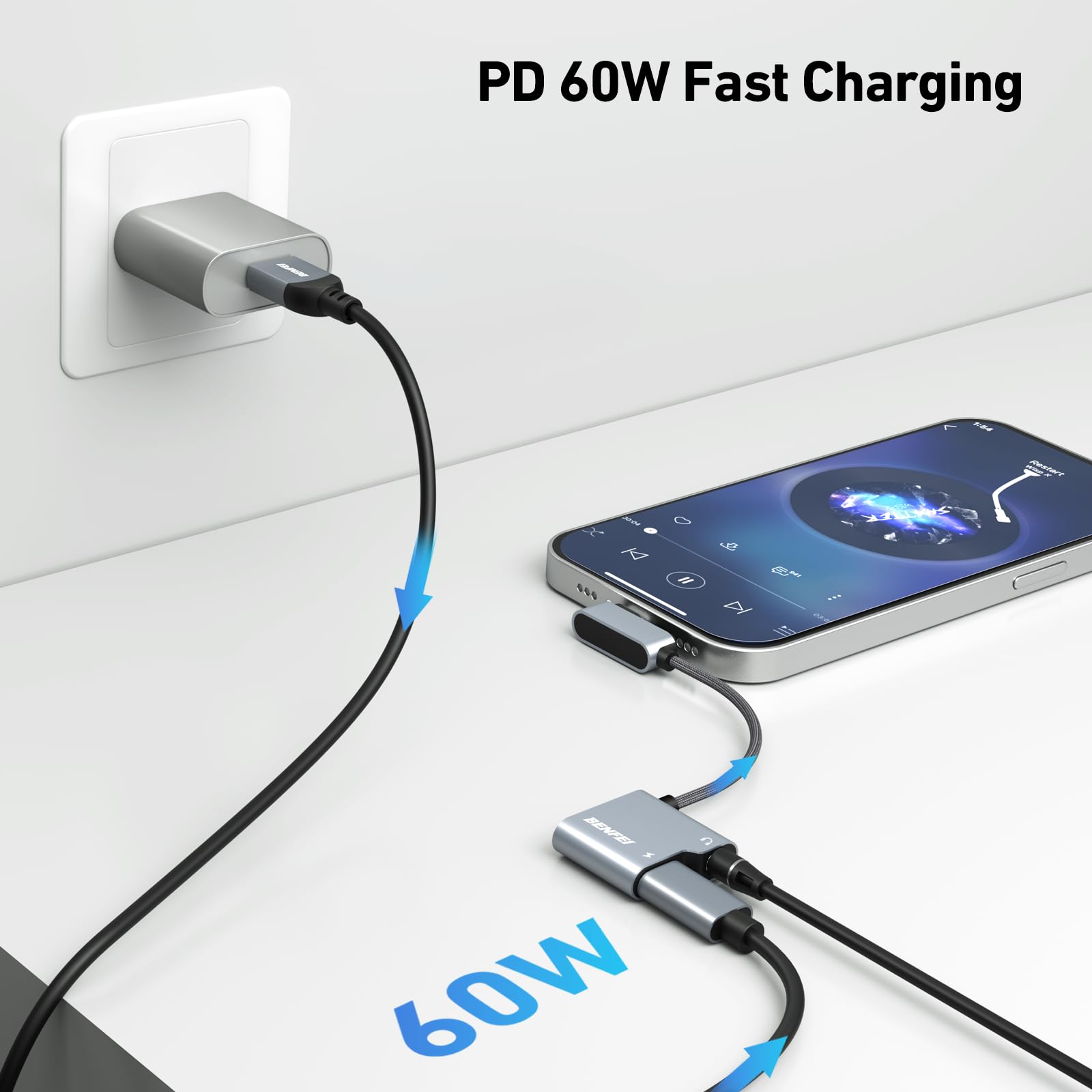 وصلة بنفي تايب سي للشحن والسماعة 60 واط | BENFEI USB-C to 3.5mm Audio & 60W Charging Adapter - الصورة 3